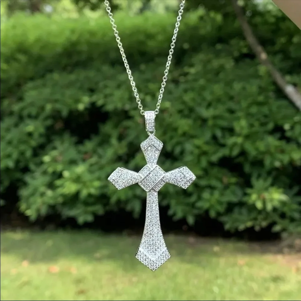 New Women’s Men 925 Silver Big Cross Diamond Necklace - Picture 6 of 7
